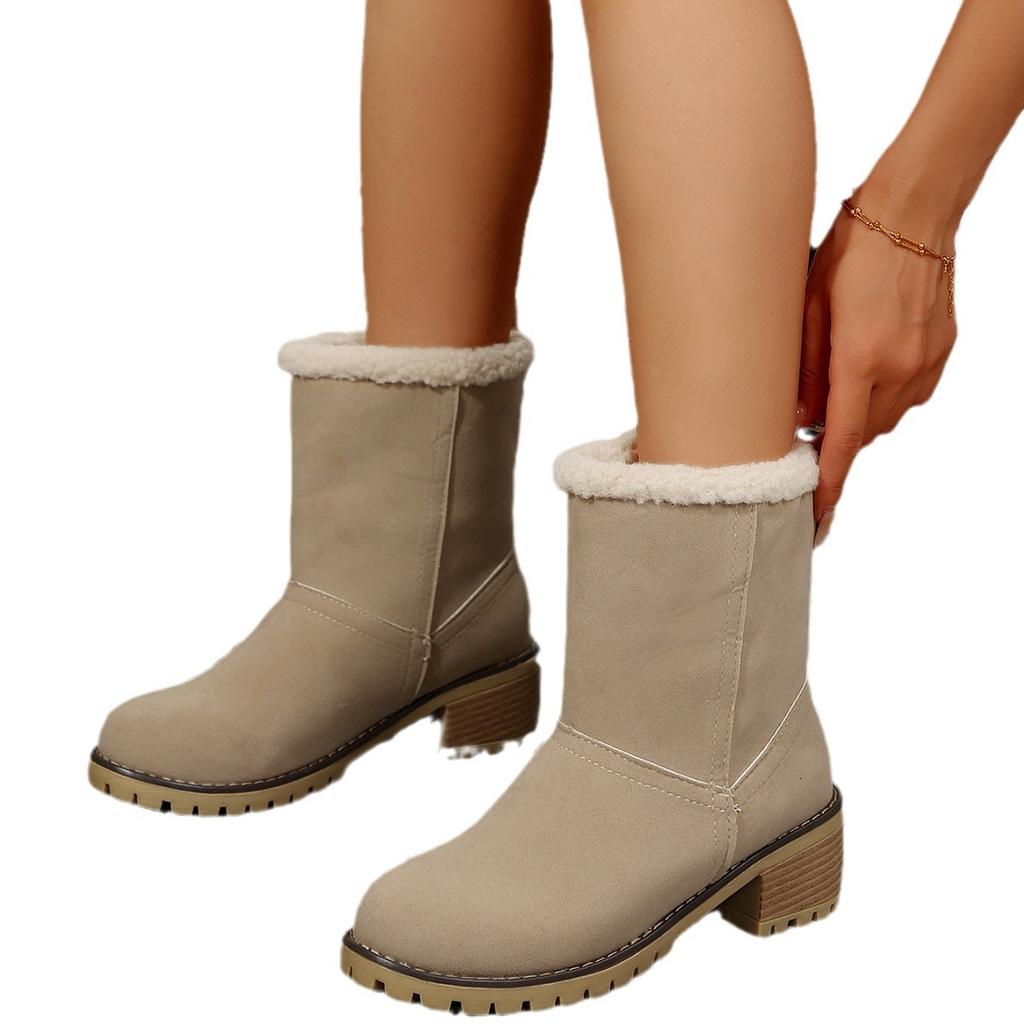 2024 Autumn and Winter European and American Medium Tube Thick Heel Turning Snow Boots Size 43 Foreign Trade Large Size Cotton Boots Women