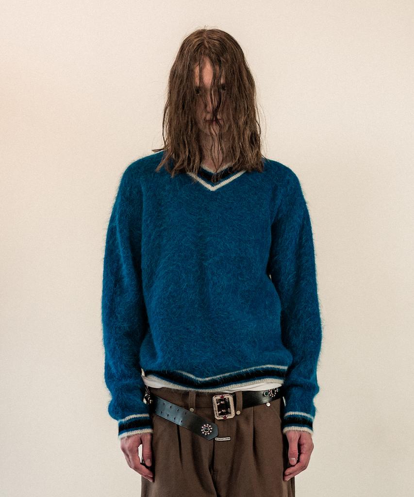 THEVINYLHOUSE Shaggy V Neck Sweater Blue