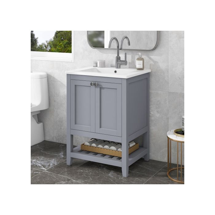 Meuble de salle de bain - MUVOE - 60cm - Lavabo en céramique - Gris clair - Design contemporain