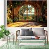 2D plane, single rough wooden window background image, with plants and greenery - polyester material photography background
