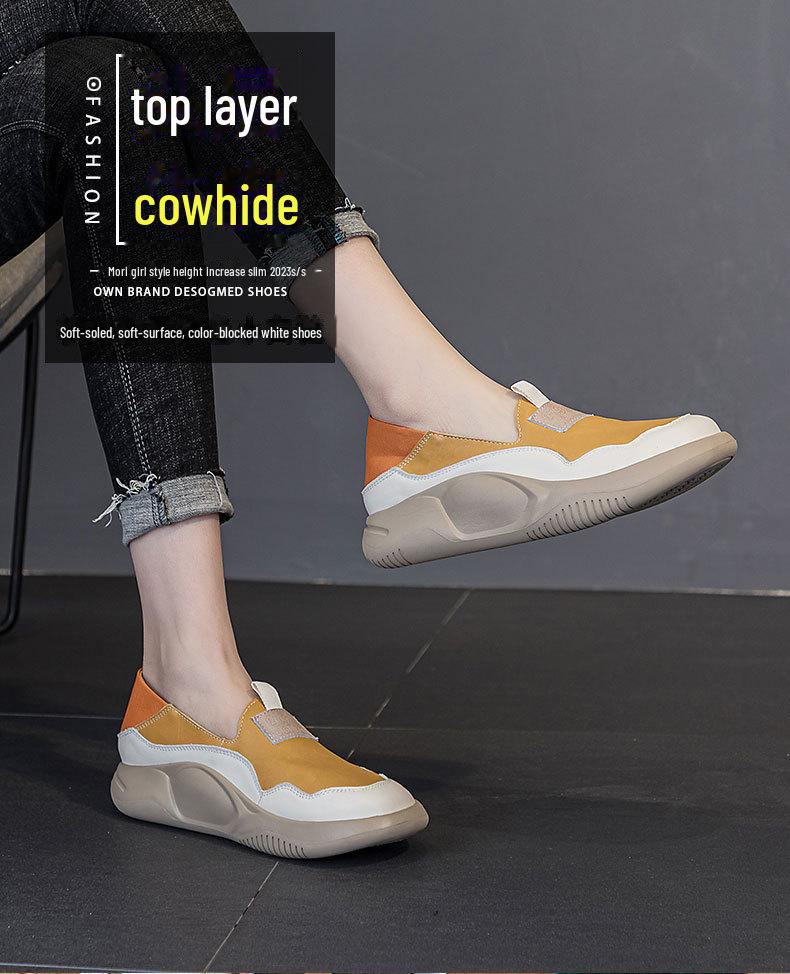 Весна 2025 г., натуральная кожа, белые туфли с круглым носком, дышащая платформа: Повседневный дизайн с мягкой подошвой Two-Wear