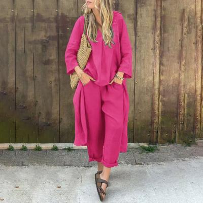 Yousheng 2 шт./комплект женский топ брюки комплект V-образный вырез длинные рукава нестандартная блузка средней длины винтажные брюки с эластичной резинкой на талии повседневный свободный наряд для отдыха