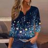 Women's Fashion Casual Flowers Print V-Neck Decorative Button Three-quarter Sleeve T-Shirt Top
