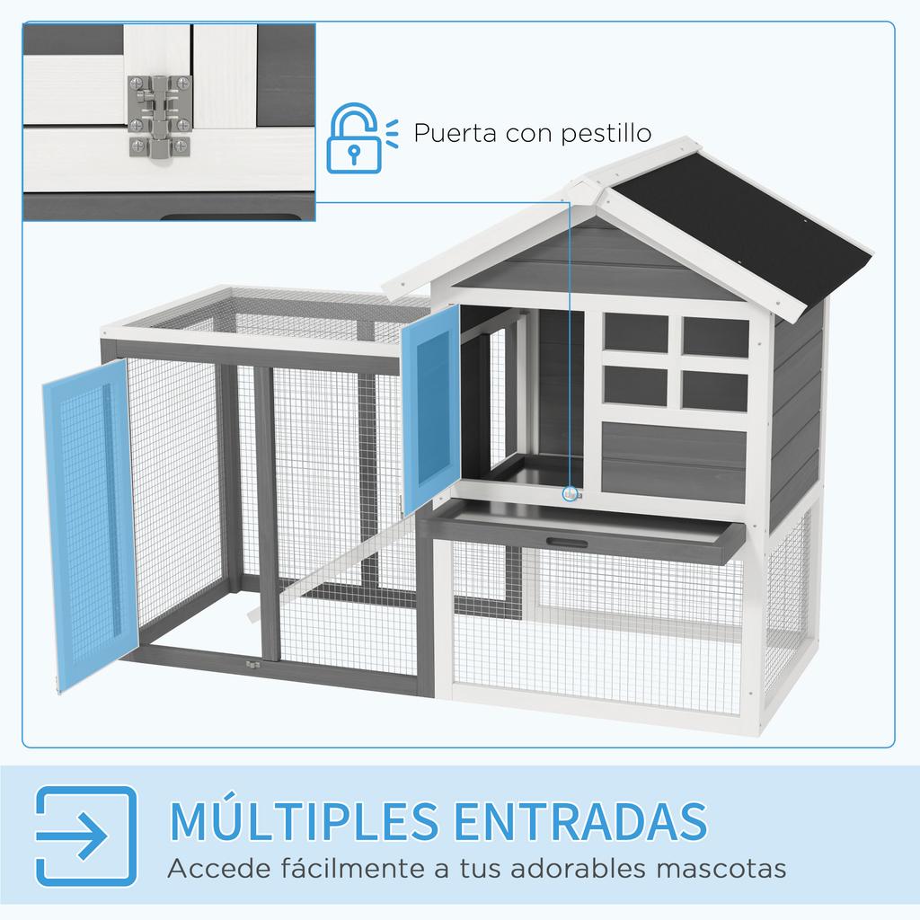 Rabbit Cage with Open Area, Asphalt Roof, Removable Tray and Ramp for Outdoor Use, 123.5x62.6x92.5 cm, Grey