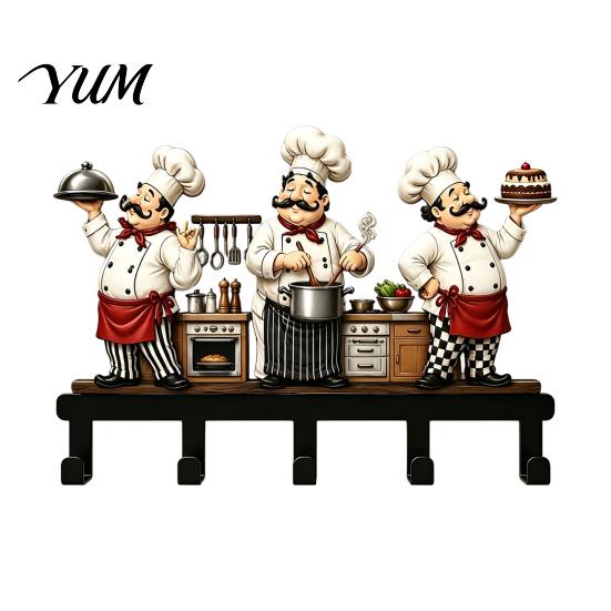 Wall Mounted Utensil Holder Metal Kitchen Hanger with Chef/House/Gnome/Train Elements, Decorative Hanging Hooks, Hook Storage Rack for Utensils