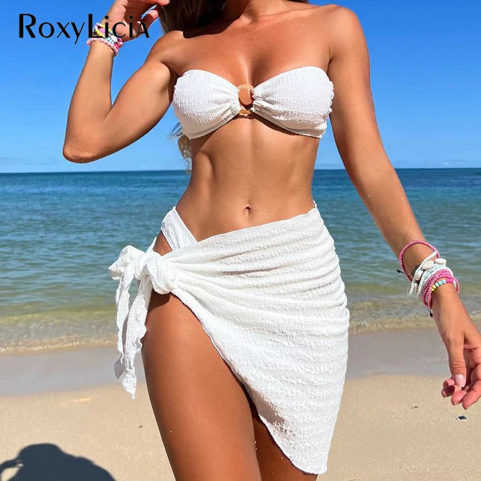 С саронг бандо без бретелек сморщенный бикини женский купальник женский купальник из трех частей бикини комплект купальный костюм