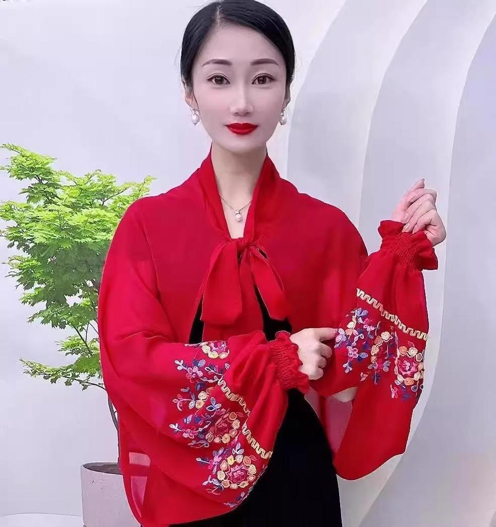 Летняя мода 2025 года, вышитый шифоновый платок с длинным рукавом из ледяного шелка для защиты от солнца при вождении и в помещениях с кондиционером