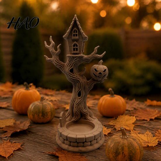 Festive Home Garden Accents 3D Printed Halloween Tree House Ornament with Pumpkin, Spooky Table Unique Gift Ideas Centerpiece, Dead Figurine