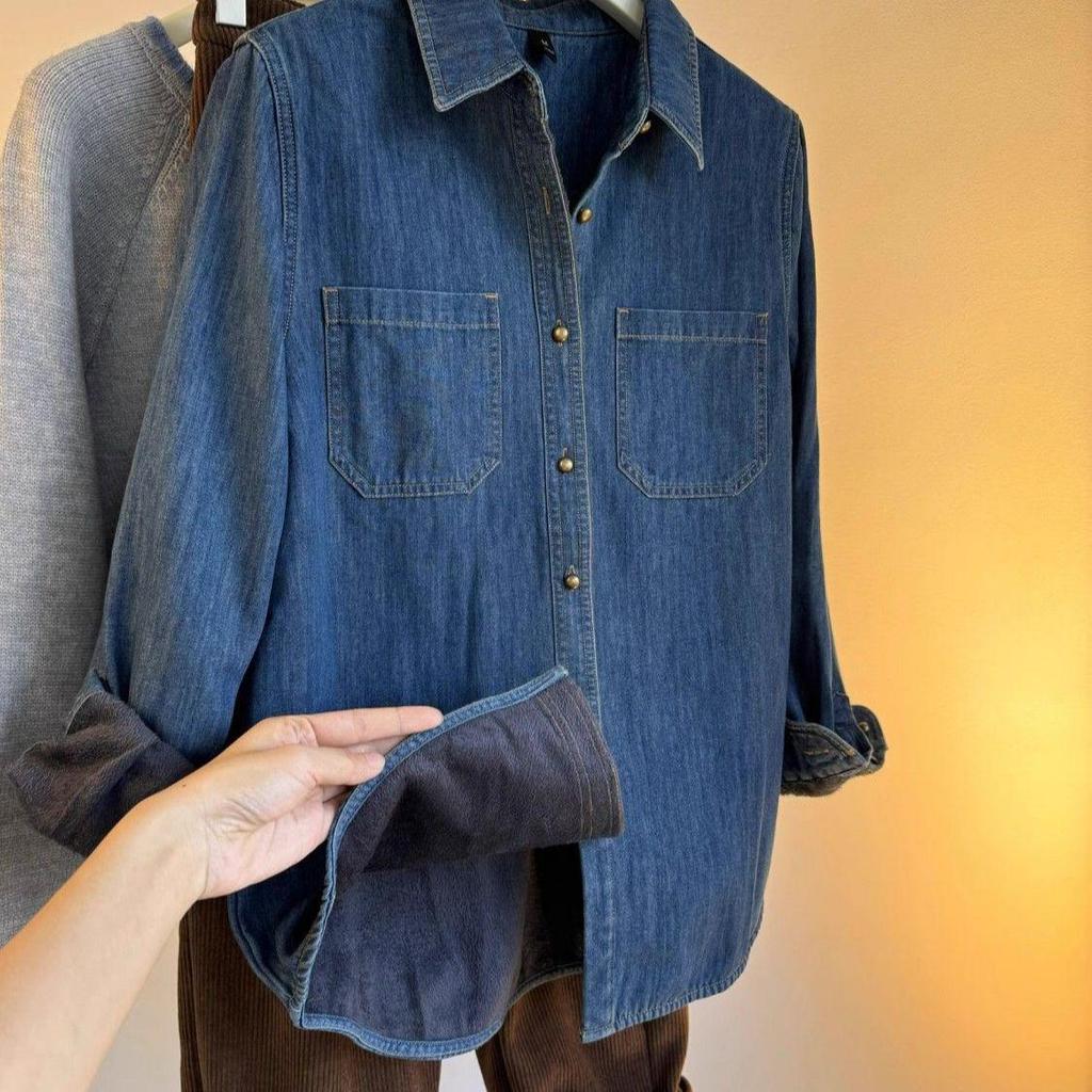 Женская ретро-джинсовая рубашка глубокого синего цвета, для миниатюрных, осенне-зимняя коллекция 2025, с плюшевой подкладкой, стандартное плечо.