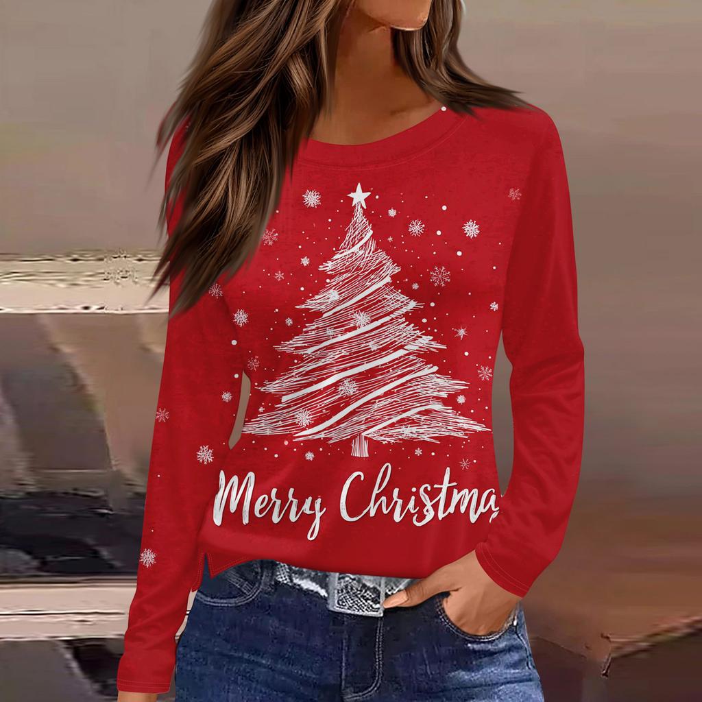 Женская модная повседневная футболка с разрезом по низу, круглым вырезом, длинными рукавами, свободного кроя, с рождественским принтом, женский топ
