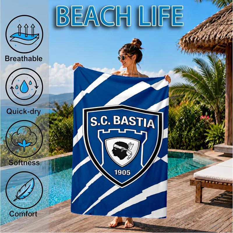 Пляжное полотенце с гербом футбольного клуба SC Bastia, Быстросохнущее, Легко ухаживать, Подходит как для занятий спортом, так и для пляжного отдыха, Спортивный аксессуар