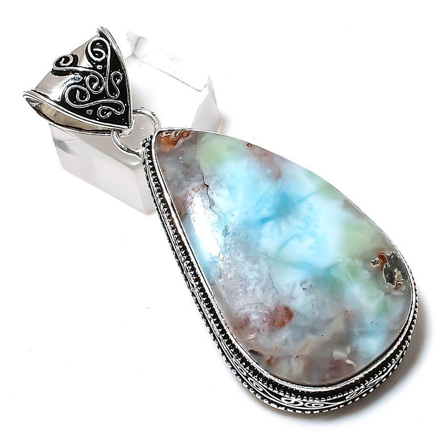 Caribbean Larimar Gemstone Handmade 925 Sterling Silver Pendant 2.44" R2c16