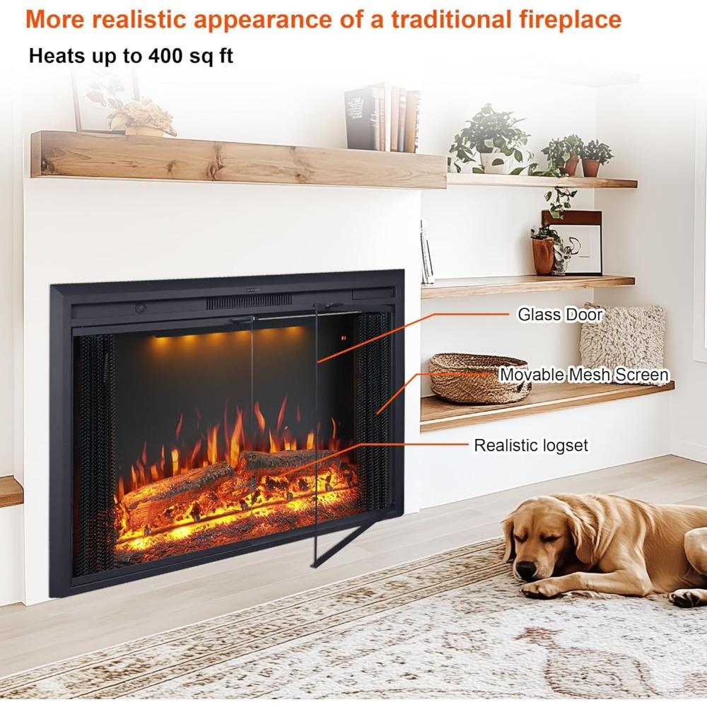 Valuxhome 35,63” Ш 27,5 В Электрический каминный вкладыш с настройками низкой/высокой температуры, подвижным сетчатым экраном и стеклянной дверцей, 1-9 ч