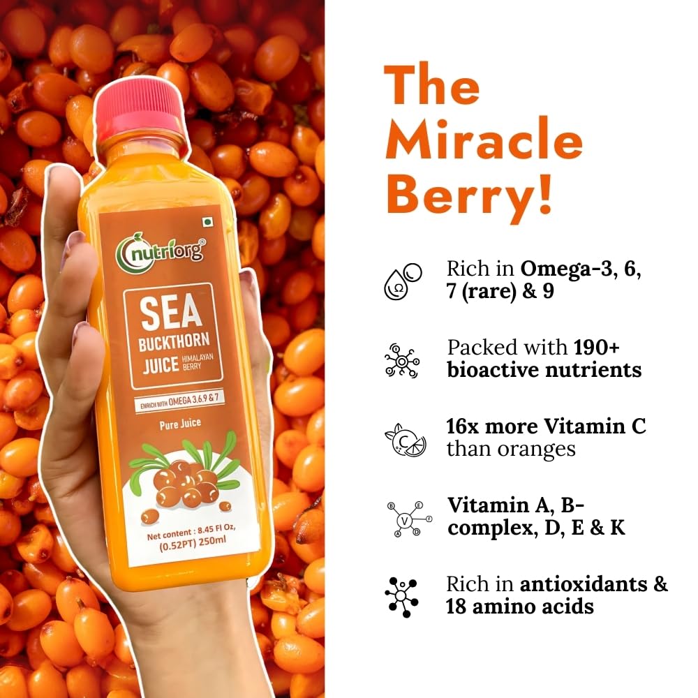 NutriOrg Pure Sea Buckthorn Juice 500 mL | 100% Himalayan Berry Pulp | Omega 3,6,7,9 & Vitamin C | Best for Immunity & Antioxidant Rich | No Adde