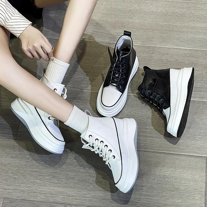 Fashion 7.5CM Women Shoes Natural Cow Genuine Leather Spring Chunky Sneakers Platform Wedge Ankle Boots Hidden Heel Autumn Winter Shoes
