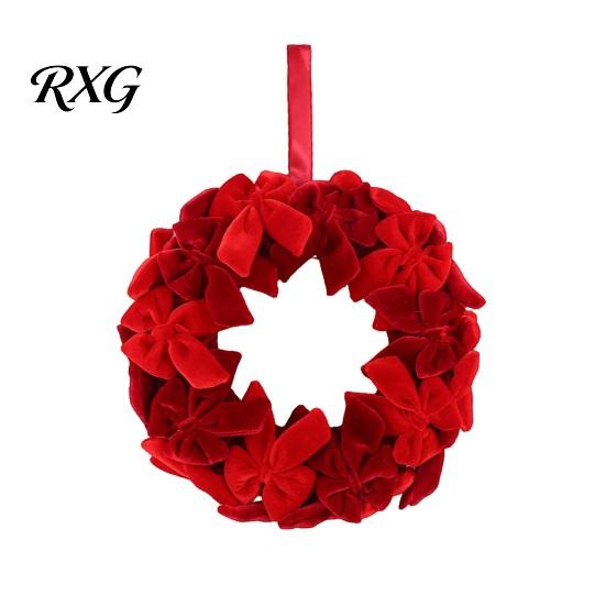 Red Christmas Wreath with Ribbon Velvet Wreath, Green Hanging Ornament Bow Soft Fabric Xmas for Table, Fireplace, Porch, Wall, New Year Party