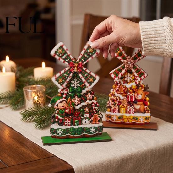 Christmas Gift for Family Windmill Wooden Ornament, Decorative Craft with Rotating Holiday Decoration Blades, Handmade Figurine Home Tabletop Display