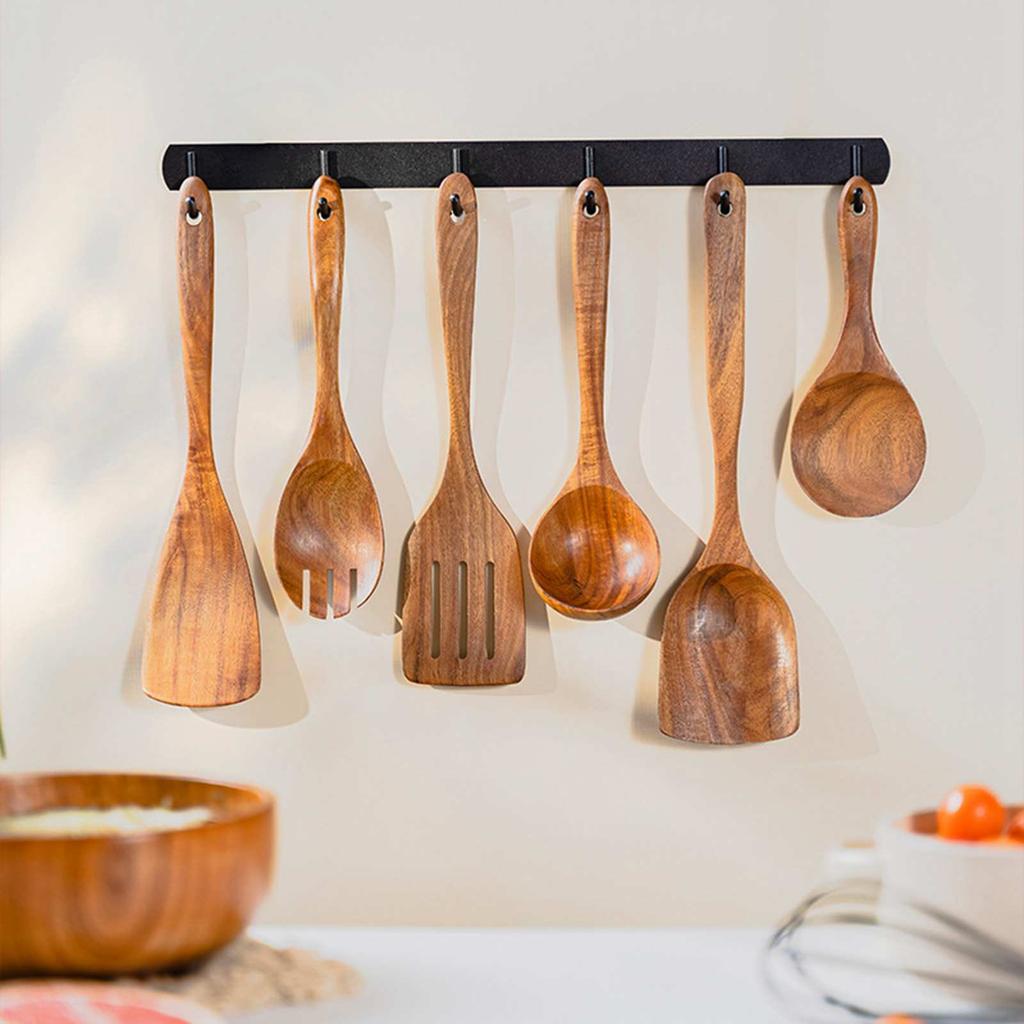 9 PCS Wooden Spoons For Cooking, Wooden Utensils For Cooking With Utensils Holder, Teak Wooden Kitchen Utensils Set