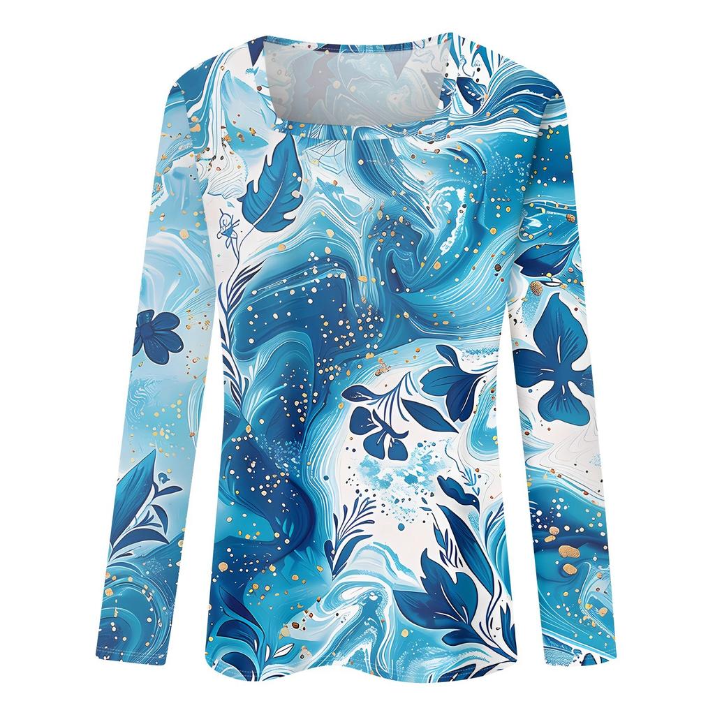 Shirt For Women's Fashion Casual Square Neck Long Sleeve Loose Printed T-Shirt Ladies Top