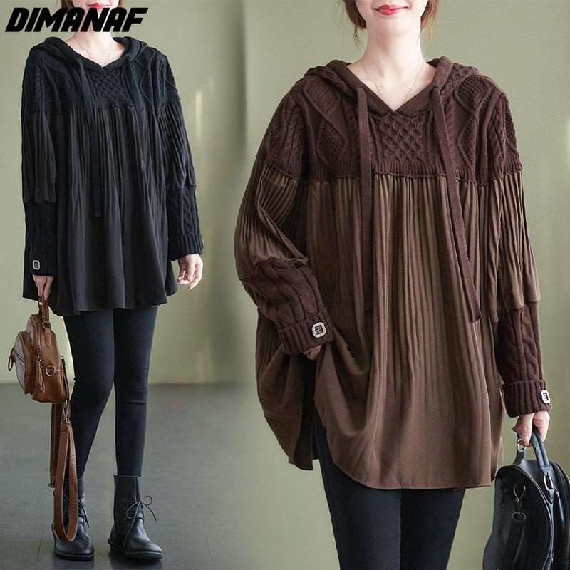 Dimanaf Женский свитер больших размеров, свободные толстовки и свитшоты, повседневные осенние лоскутные базовые модели 2022, вязаный новый пуловер, свитера с круглым вырезом