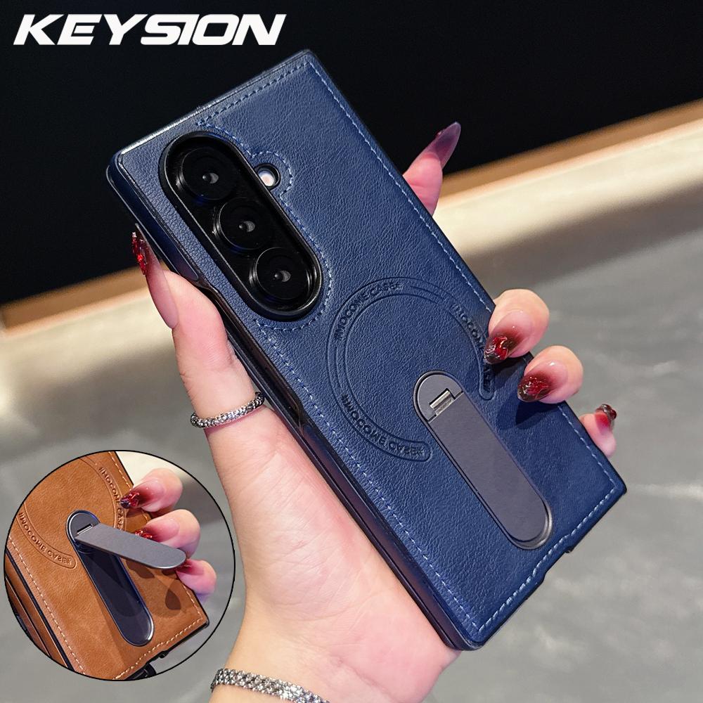 KEYSION Роскошный ретро чехол из ПУ кожи для Samsung Galaxy Z Fold 7 6 5 4 3 5G, вращающаяся на 360° подставка, противоударная задняя крышка для телефона