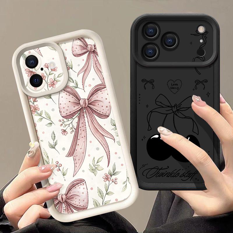 Мягкий ТПУ чехол для телефона для iPhone 17 Pro 15 16 Pro Max 14 13 Pro Max 16e 17e Ударопрочный Розовый узор с бантом Силиконовый защитный чехол