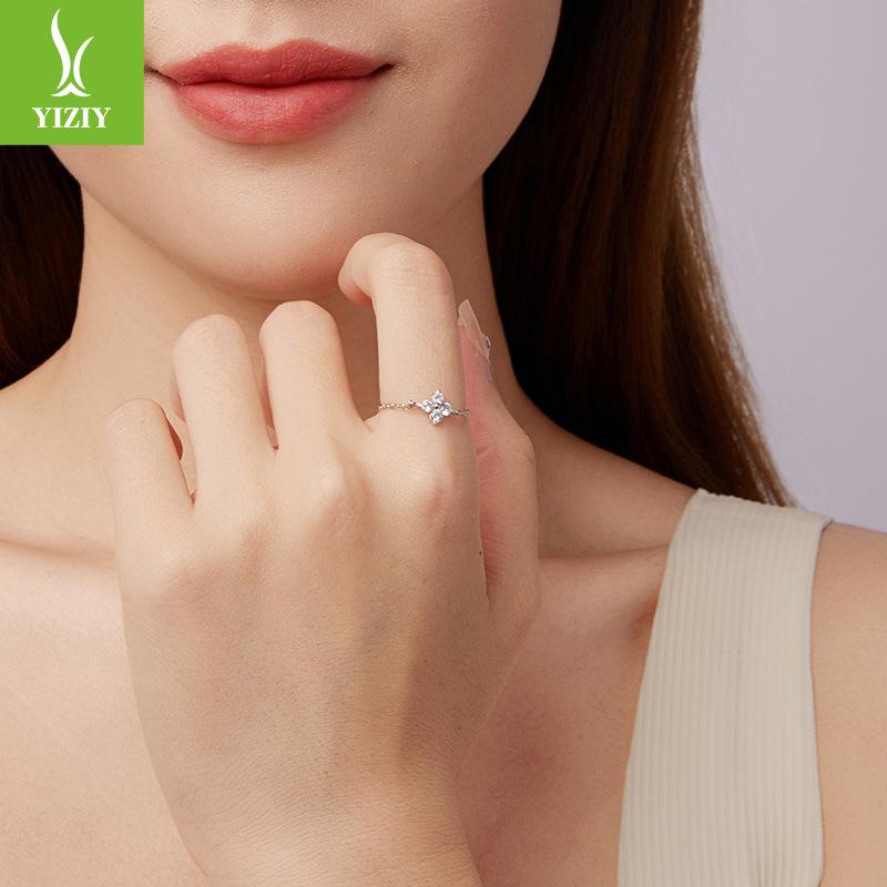 S925 Sterling Silver Four Leaf Clover Lucky Chain Ring Adjustable Cold Premium Wind Ring