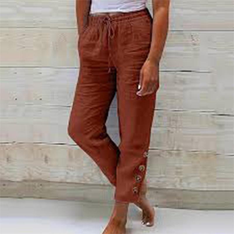 2024 Cross-Border Women's Autumn Cotton Linen Button Trousers
