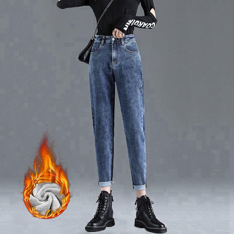 Женские плюшевые зимние джинсы с высокой талией - плотные, теплые, свободные прямые брюки-морковки