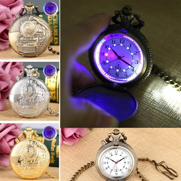 Noctilucent LED Flash Quartz Pocket Watch Unique Bronze/Silver/Gold Steampunk Train Locomotive Engine FOB Luminous Chain Watch Luxury Clock