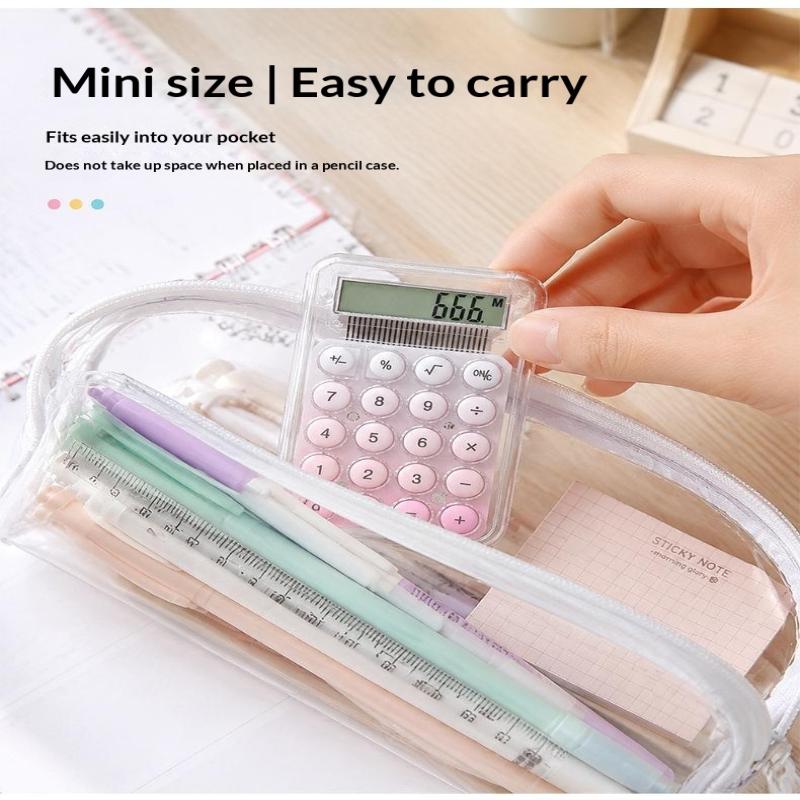 Cute Mini Transparent Calculator Soft Macaron Round Buttons 8 Digit Display Portable for School Student Office Home Accounting