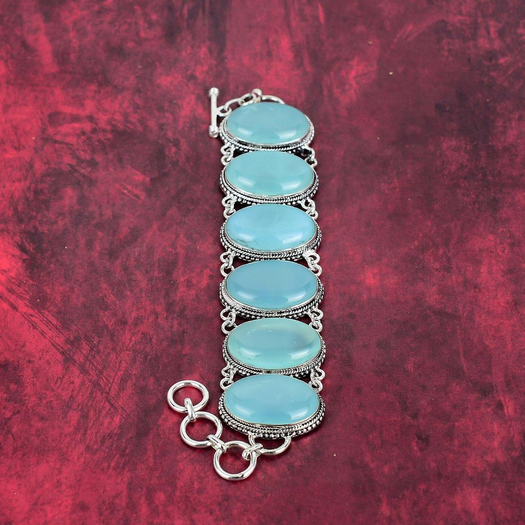 Браслет из аква-халцедона, браслет из твердого стерлингового серебра 925 пробы, ювелирные изделия из натуральных драгоценных камней, регулируемый браслет-цепочка, подарок для девушки, ювелирные изделия ручной работы