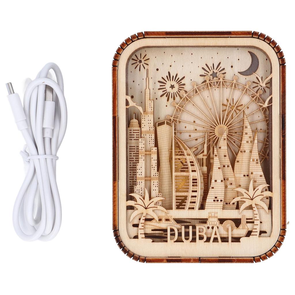 3D Wood Carved LED Night Light Innovative Wood Carved Table Lamp City Series Bedroom Ambient