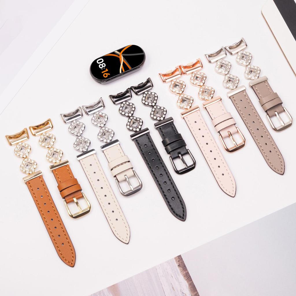 Watch Band for Xiaomi Smart Band 9 NFC/Band 9/Band 8 Rhinestone Decor Metal+Leather Strap
