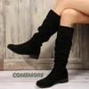 Pleated Boots Women Faux Suede Knee High Boots Winter Woman’s Fashion Slip On Square Low Heeled Knight Round Head Spring Autumn