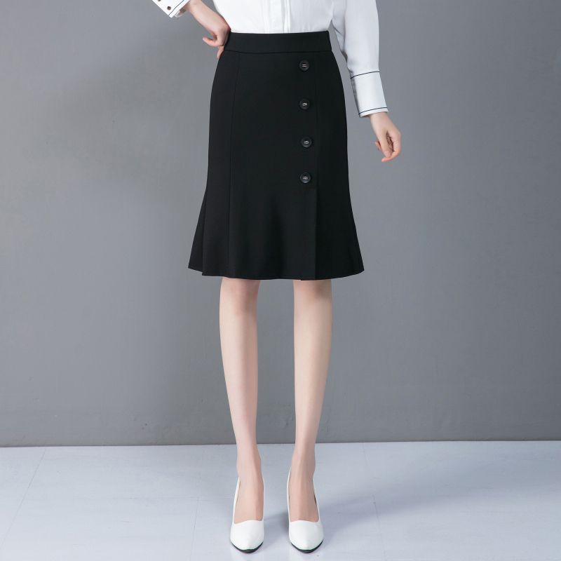 Черная юбка «рыбий хвост» Твидовая юбка «рыбий хвост» Набедренная сумка с разрезом Осень-зима Тонкая черная юбка средней длины с высокой талией