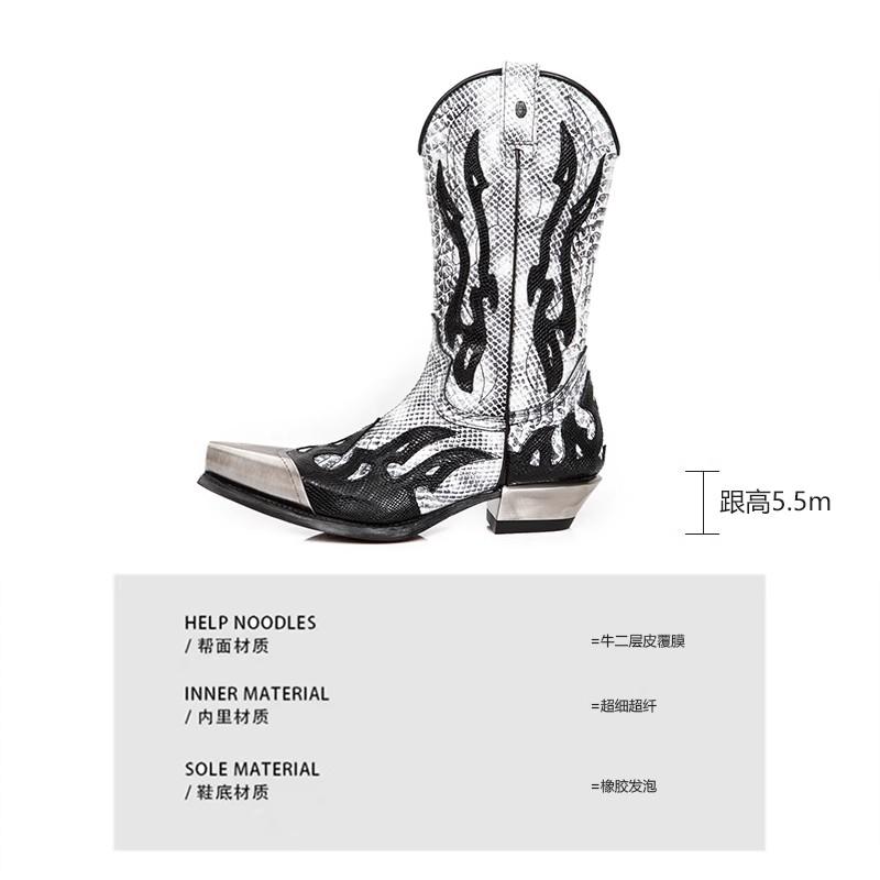 Вышитые двухцветные ботфорты до колена Модные остроносые на толстом каблуке Рыцарские ботильоны Большого размера Мужские ботинки Женские боты