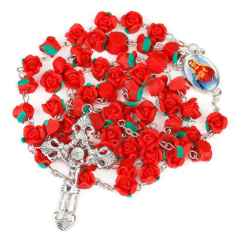 Catholic Red Rose Beads Rosary Necklace Red Our Rose Holy Soil Medal Cross Pendant