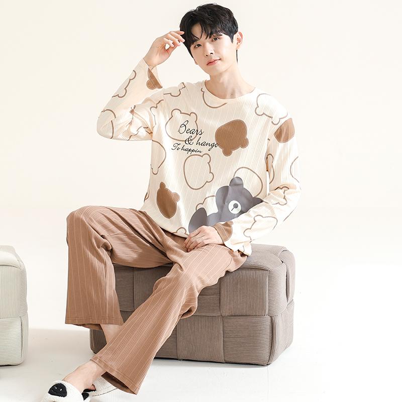 Весенние длинные рукава спальные топы брюки ночная одежда для мужчин хлопковые пижамы костюм мужской мультфильм повседневная домашняя одежда Pjs Homme