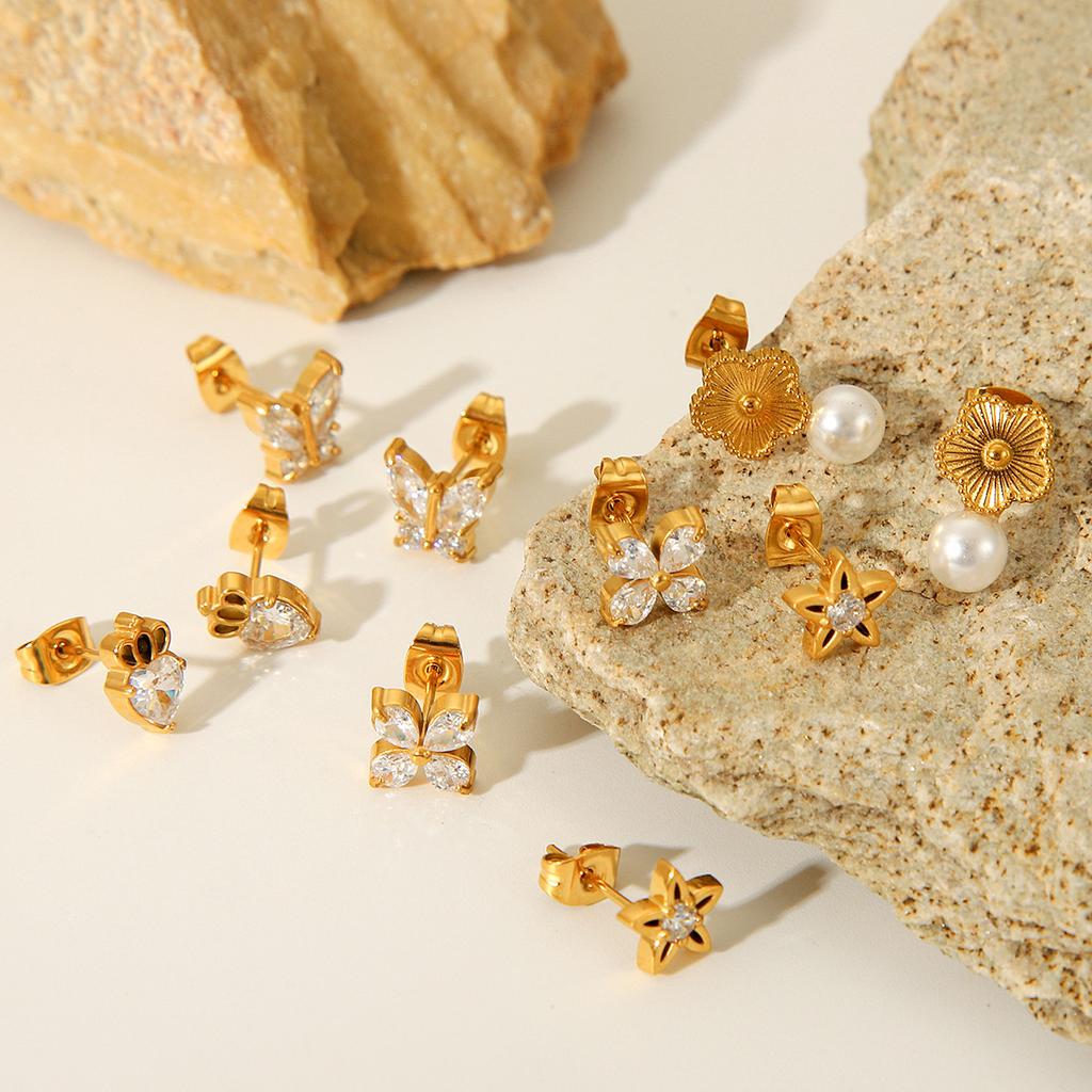 Butterfly Zircon Star Stud Earrings, Ins Style Light Luxury Stainless Steel Five-Petal Flower Pearl Ear Jewelryarrings