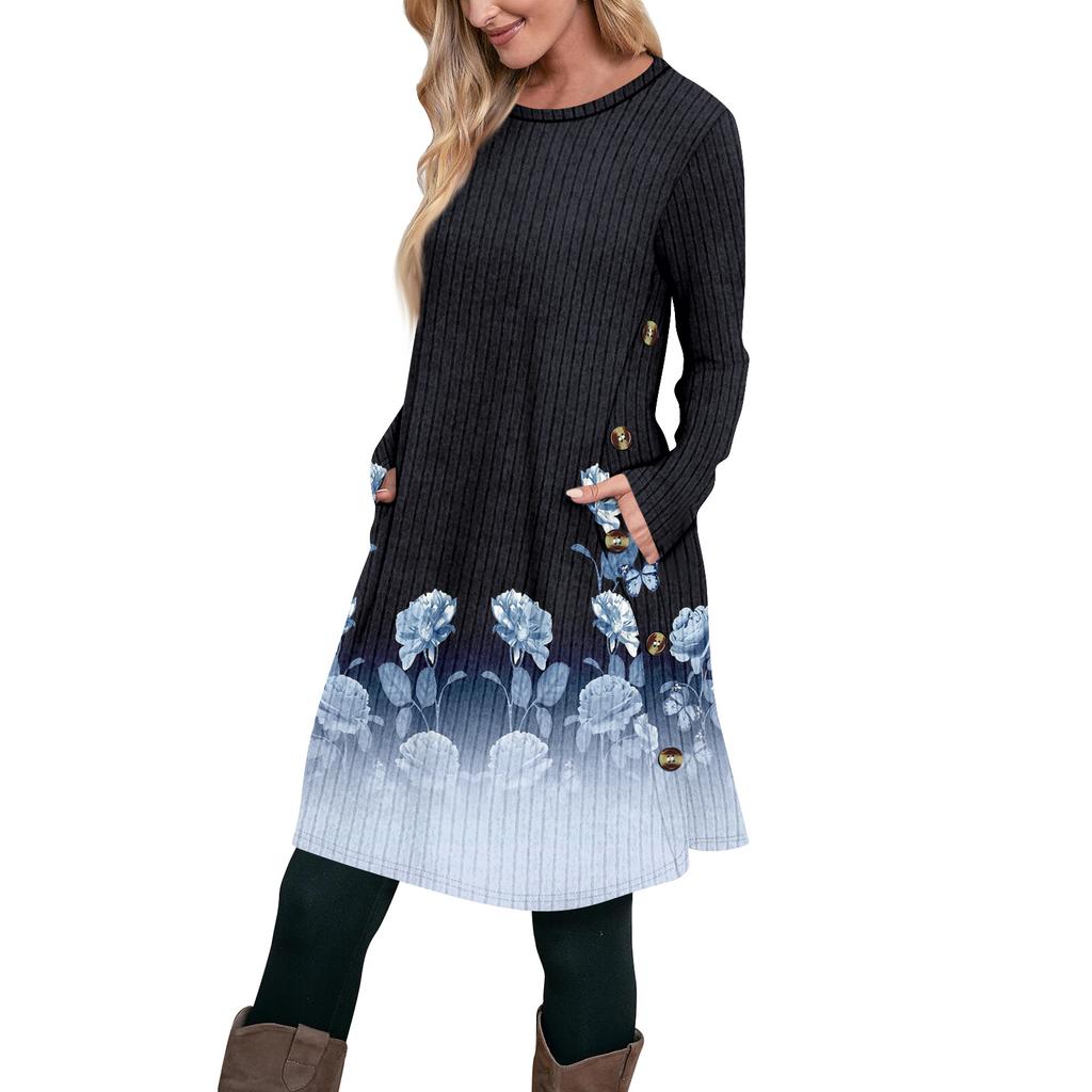 Женское модное повседневное платье-туника с длинным рукавом и карманами, платье с боковыми пуговицами