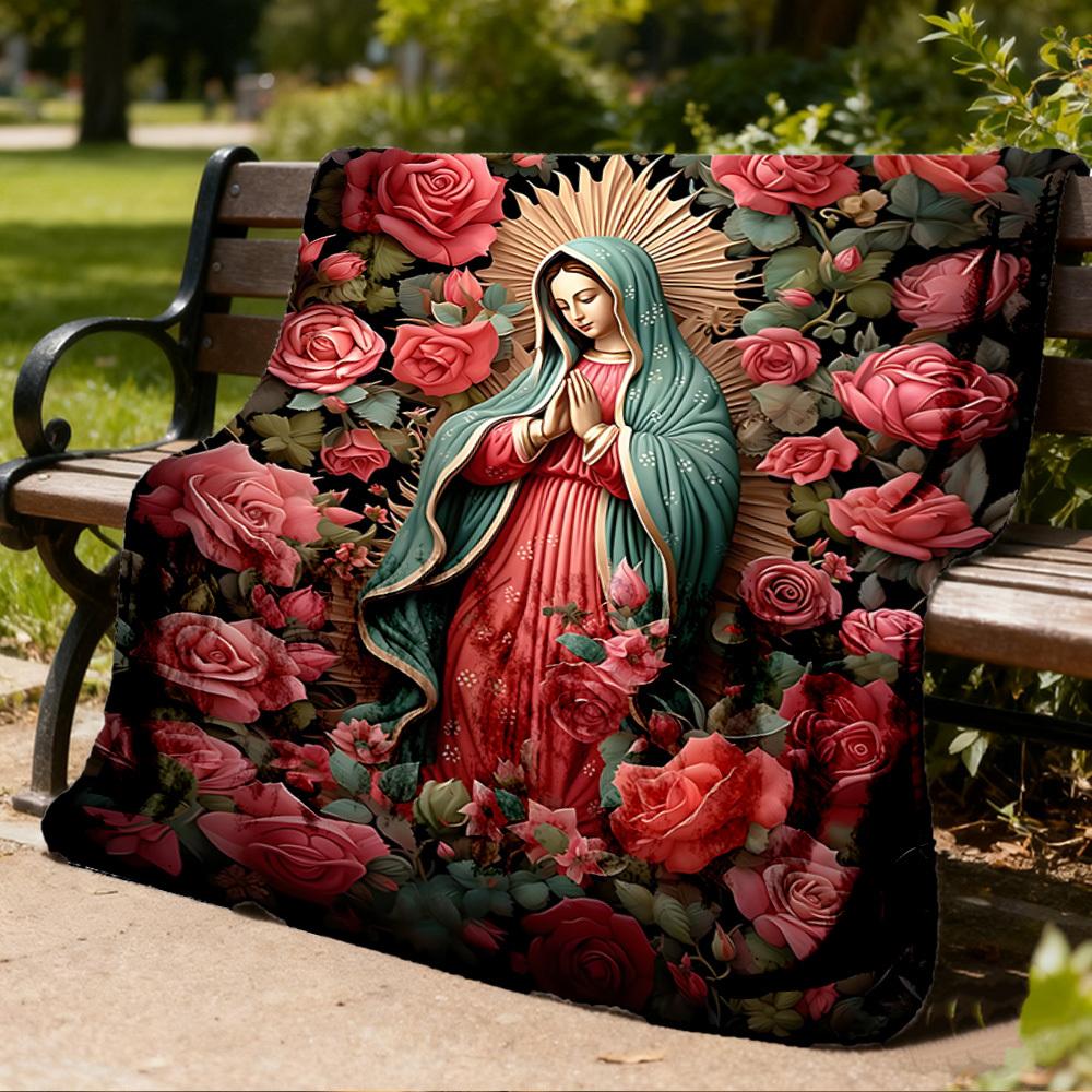 1pc Mary Floral Artwork Throw Blanket Polyester Fiber, Lightweight Flannel, Soft & Warm, All Season Use for Outdoor, Camping Digital Print