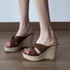 Fashion Women's Thick Bottom Slippers Summer Outdoor Wear Roman Straw Weave Wedges High Heels Sandals Casual Heightening Brown Slides