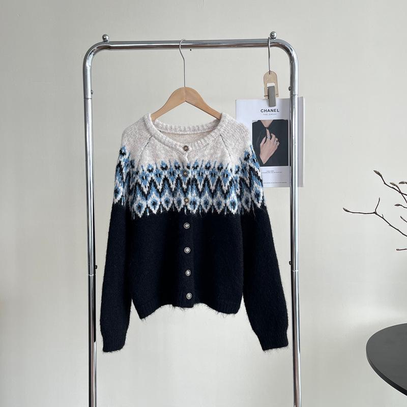 Женский ретро вязаный кардиган в стиле Fair Isle с цветовыми блоками - Корейский стиль, плотный и уютный для осени/зимы