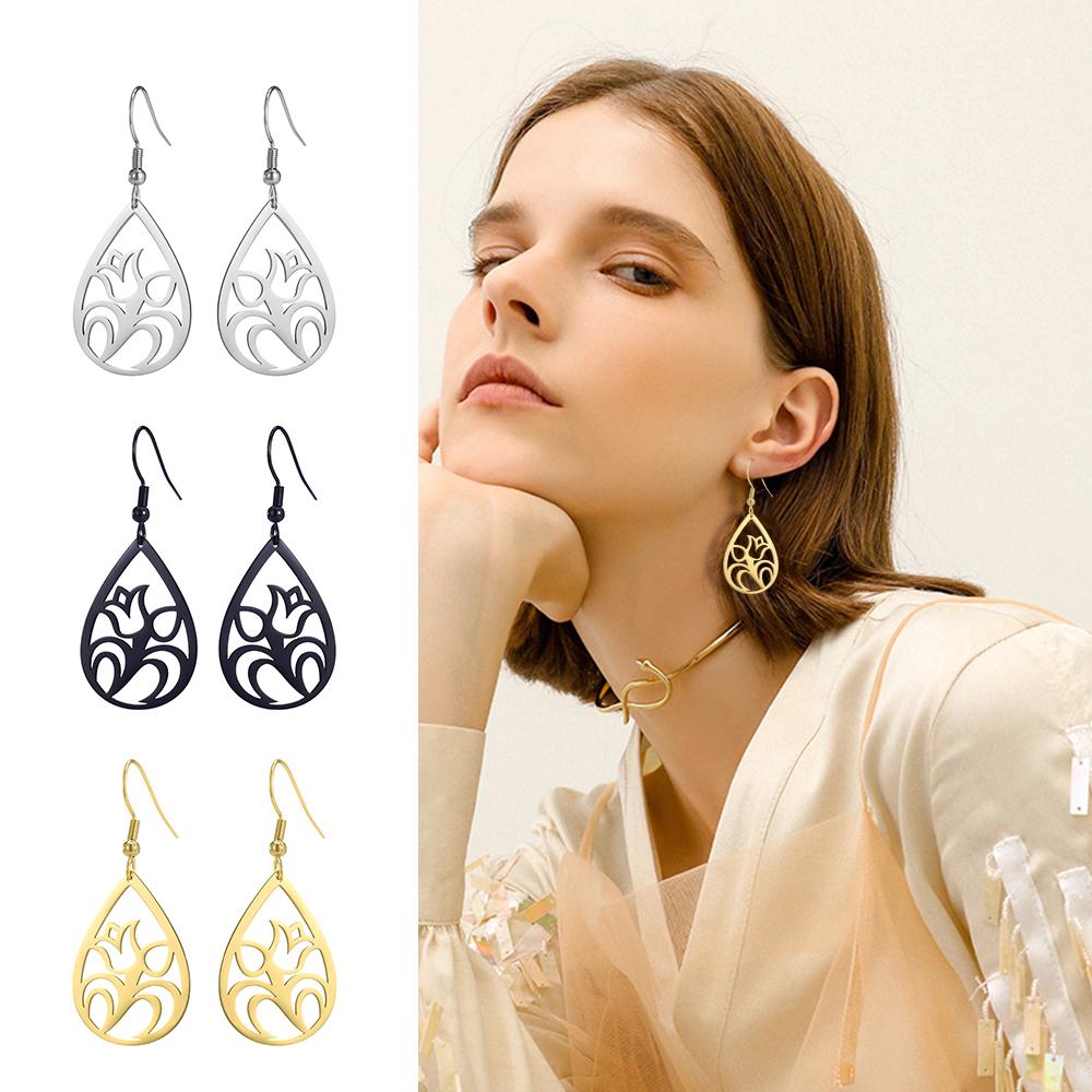 Vintage Hollow Women‘s Flower Earrings Jewelry Stainless Steel Water Drop Shape Geometric Earring