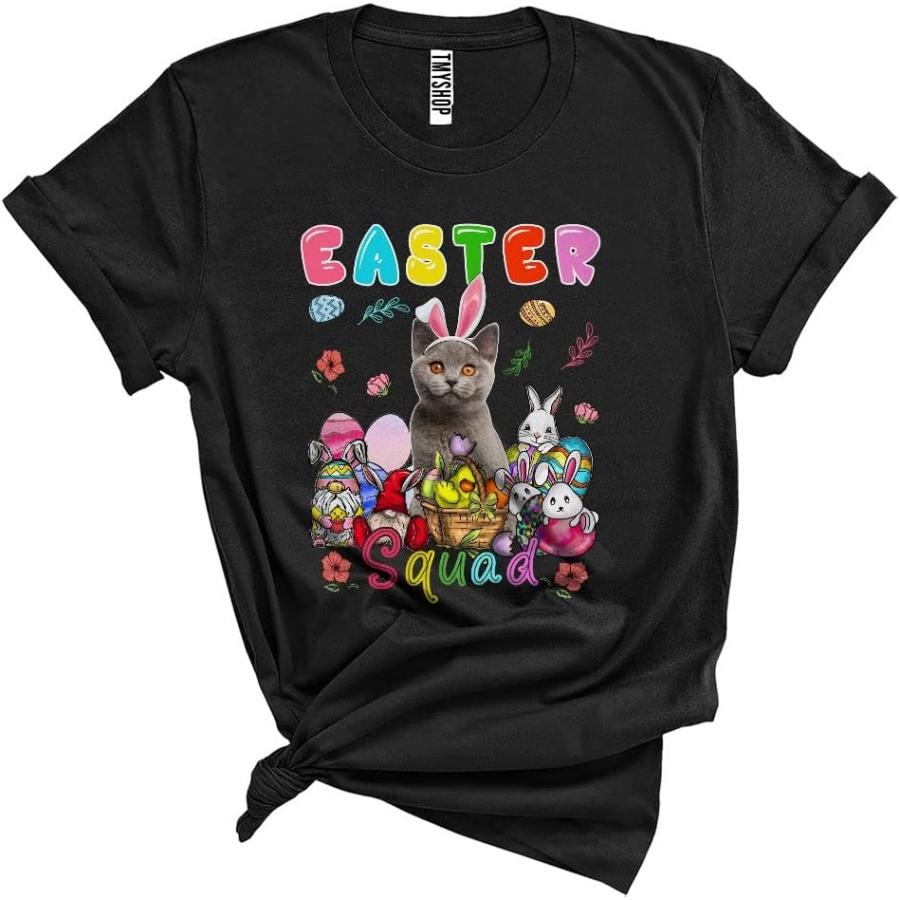 Easter Squad Cute Funny Easter Day Gnomes British Shorthair Cat Wearing Bunny Ears Egg Hunt Lover Unisex T-Shirt Black