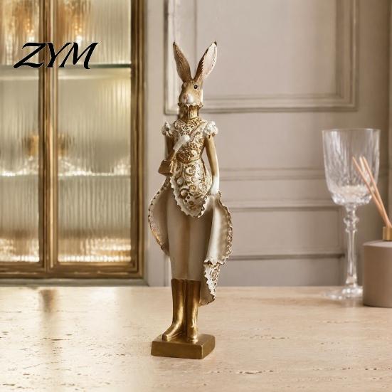 Modern Resin Statue for Living Room Vintage Mr & Mrs Rabbit Figurine, Dress Bunny Statues, Farmhouse Minimalist Desktop Decorations Country