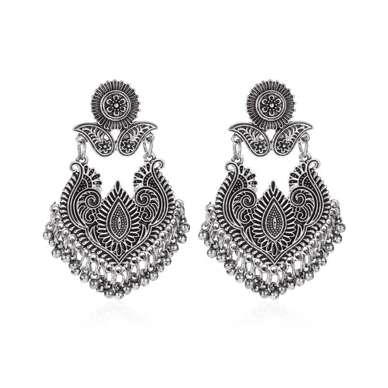 Ethnic Style Retro Pattern Earrings Carved Water Drop Bell Tassel Earrings Female Jewelry