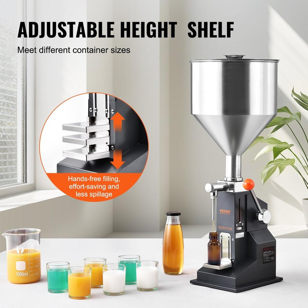 Manual Paste Liquid Filling Machine, 5-50ml Bottle Filler, Adjustable Bottle Filling Machine, Stainless Steel Liquid Filler with Hopper for Milk Water