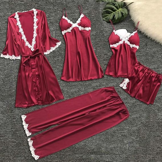 Женский пижамный костюм из 5 предметов: ночная рубашка, топ, шорты, брюки, комплект, сексуальное кружевное платье, пижамы, ночная рубашка
